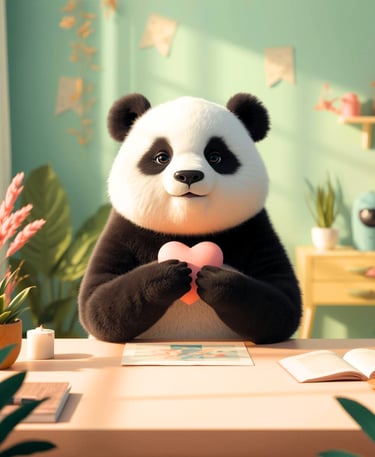 Mindy the mindful panda sitting around her desk holding a heart