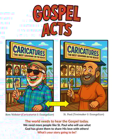 Gospel sharing caricature artist side-by-side with St. Paul and his caricature pen.