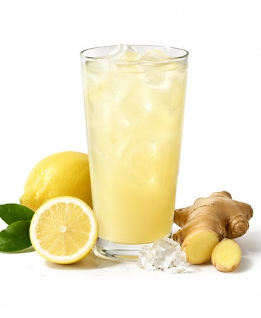 A glass of iced ginger lemonade with fresh lemon slices and ginger root on a white background.
