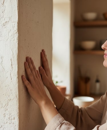 a woman with her eyes closed and her hands on the wall