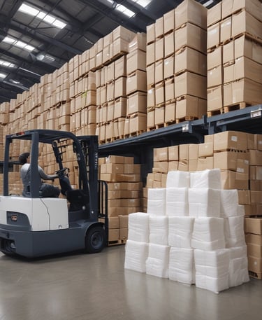 Close-up of soft, eco-friendly tissue rolls stacked neatly in a bright warehouse.
