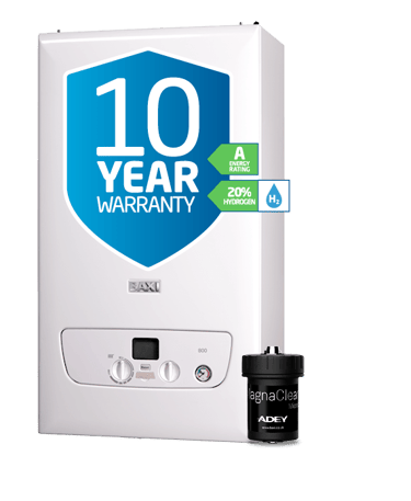 White Baxi 800 combi gas boiler with 10-year warranty badge and MagnaClean magnetic system filter.