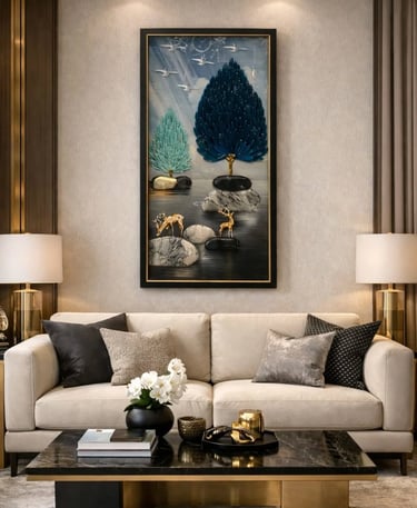 Modern luxury living room with a beige sofa, marble coffee table, and abstract 3D wall art featuring gold deer.
