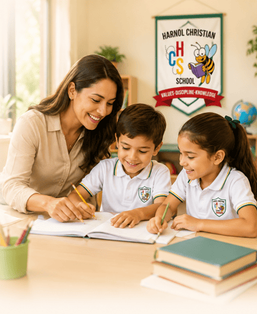 maestra y alumnos de harnol christian school