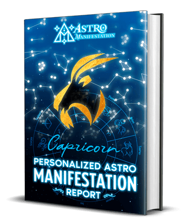 Capricorn Personalized Astro Manifestation Report book cover with gold goat and celestial constellations.