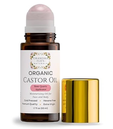 Grandma Flo's Naturals Organic Castor Oil with Rose Quartz Roll On For Face and Body - Glass Bottle,