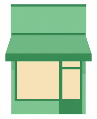 Flat vector illustration of a modern local storefront with a clean green awning, geometric minimalist style, soft forest green and warm sand accents, bright balanced composition.