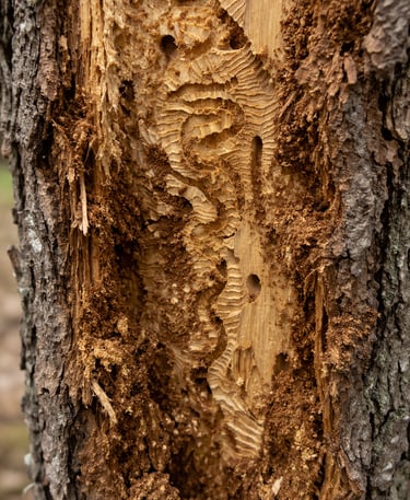 Up-close view of tree trunk insect damage with bark removed and visible feeding galleries