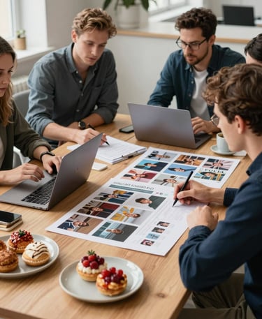 A professional digital marketing team in a bright, modern Scandinavian office planning a social media grid. On a light oak table, there are Ripe Crimson mood boards, a laptop, and small plates of artisanal pastries. Sophisticated, warm, and collaborative atmosphere in a Northern European setting.