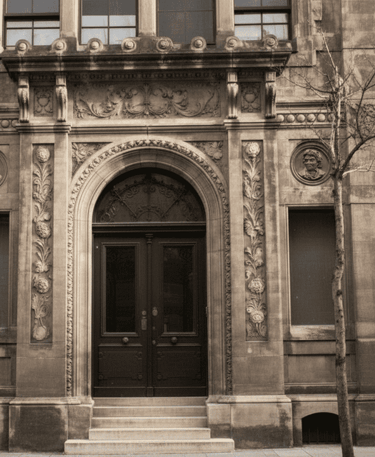 Ornate stone archway and historic building entrance of Henrich & CIA Factory