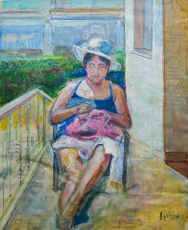 Mari Luz cosiendo en Cunit, óleo sobre lienzo por el artista pintor Argi Girón. Painting, artist, oil on canvas