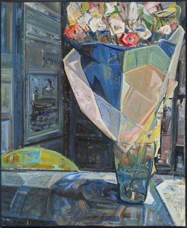 Flores y rosas, óleo del artista pintor Argi Girón. Flowers still life flowerpot oil artist painter