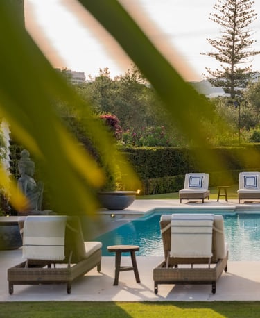Sun loungers and palm garden by the pool at Villa El Olivo, Marbella