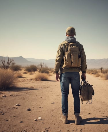 a man in a hat and jacket walking in the desert