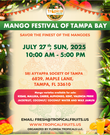 a poster for Tampa Bay Mango Festival featuring several Indian mango varieties.