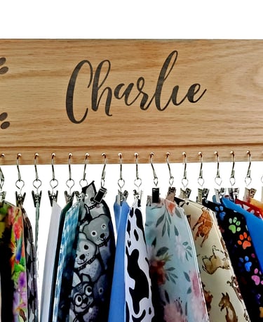 a personalized wooden bandana display holding twenty bandanas.