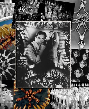 Collage of Busby Berkeley portraits and career highlights illustrating his iconic Hollywood musical