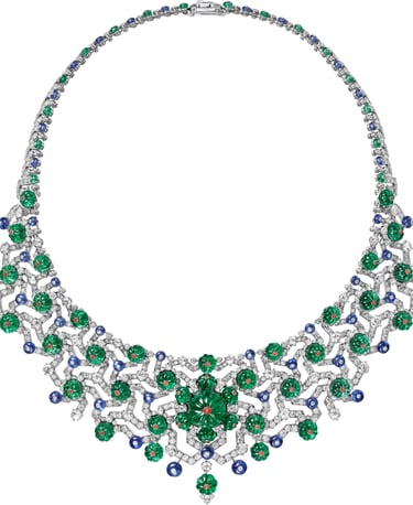 Cartier Emerald, sapphire, and diamond floral necklace.