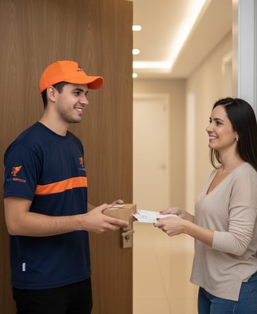 colaborador da empresa fazendo entregas de encomendas para moradora,
