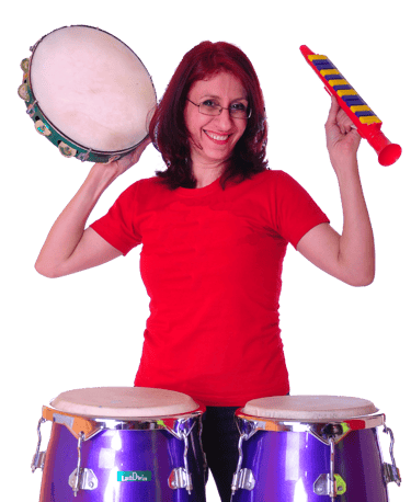 a woman in a red shirt with musical instruments