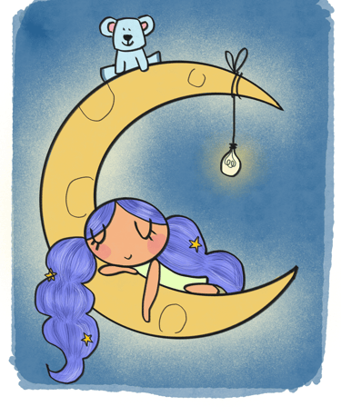 a cartoon character sleeping on a crescent shaped moon. By Diane Mulolo Faida