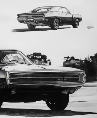 Dessin réaliste en noir et blanc de la voiture Dodge Charger