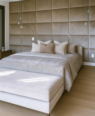Modern bedroom with full-wall panels and a bench at the foot of a California king bed by Solo Home Decor