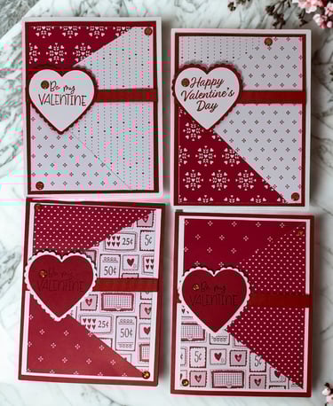 Set of 4 red and white Valentine cards in tri panels