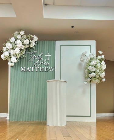 Baptism Backdrop in Olive with a custom made God bless sign