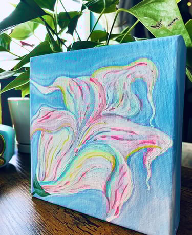 Abstract colorful image for a lily on blue background.  Pink, blue, white, green.