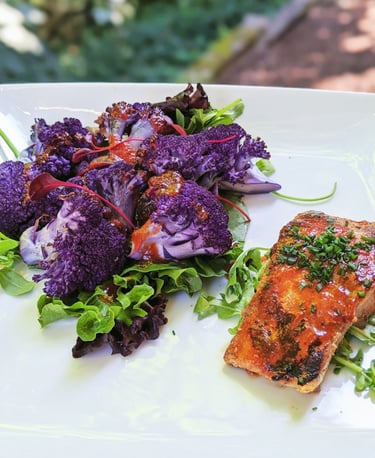 Roasted Seasonal Vegetable with Wild Fish. Healthy gourmet chef, gluten-free, portland, clackamas