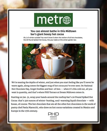 a boozy hot chocolate being served at a rooftop bar in nyc 