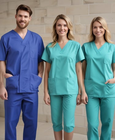 Golden-accented blue scrub set displayed on minimalist beige background
