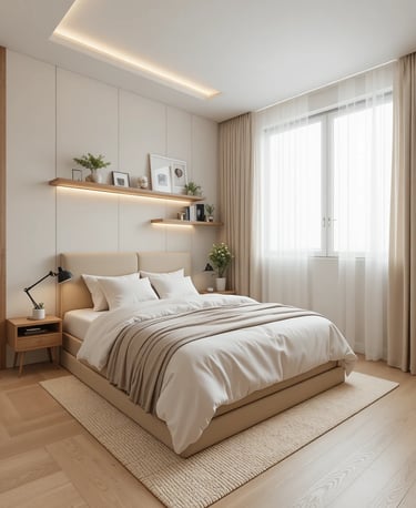 Dormitorio pequeño moderno con iluminación indirecta y estanterías flotantes que amplían visualmente