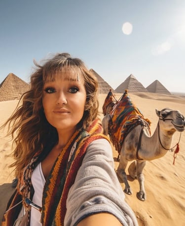 author of happy and human blog, behind her is a camel 