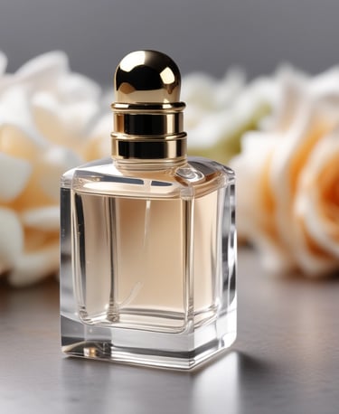 Close-up of amber-colored fragrance oil in a glass bottle with a dropper on a wooden table.