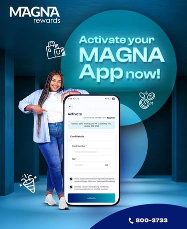 A woman pointing at a smartphone showing the Magna Rewards app activation screen for card registration.