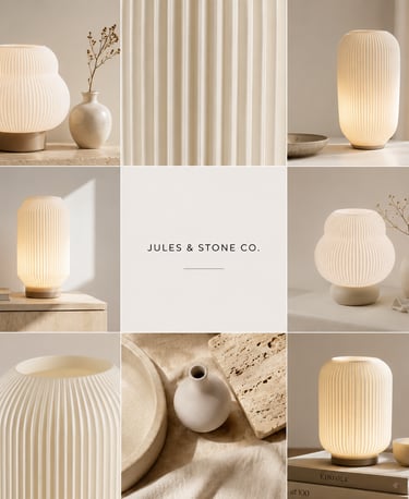 Modern minimalist Jules & Stone Co. lighting style board with ribbed table lamp, stone texture, line