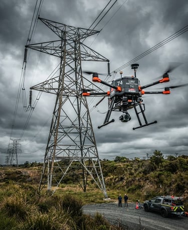 Wide environmental shot of industrial UAV hovering near high-voltage transmission towers, overcast sky, sharp technical details, 35mm lens