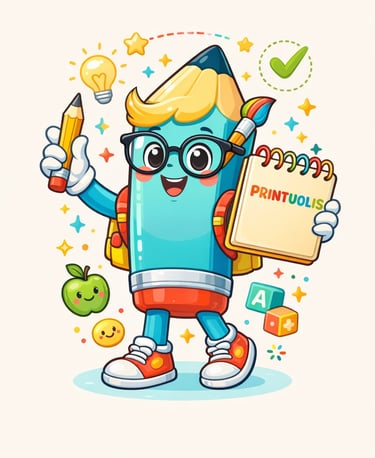 Printuolis – spalvotas personažas pieštuko formos, su akiniais, laikantis knygelę, pieštuką ir ant p