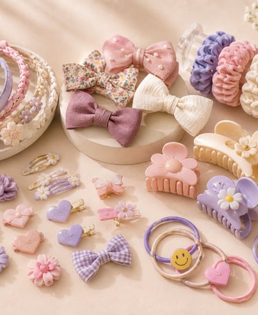 Collection of colorful kids hair accessories including pastel headbands, floral clips, bow barrettes, and scrunchies.