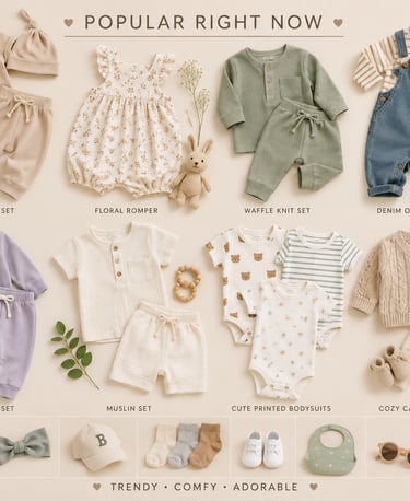 A collection of popular baby clothes including a floral romper, denim overalls, and ribbed knit sets.