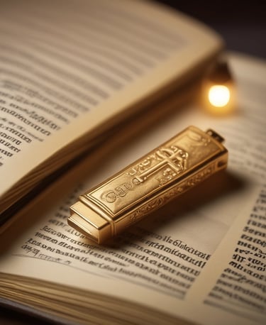 A glowing gold USB drive resting on an open Bible with deep blue fabric background