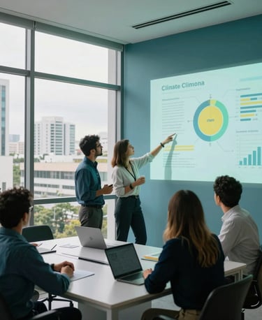 Clean, high-performance office space in Brazil with large windows overlooking modern architecture, South American professional team discussing strategic climate data projected on a wall. Soft natural lighting, deep teal and vibrant yellow accents, highly professional and scientific atmosphere, clean composition.