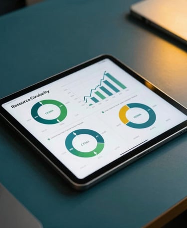 Close-up of a tablet in a Brazilian corporate setting displaying economic charts of resource circularity and carbon offset metrics. Minimalist desk design with dark teal tones and a touch of warm yellow light, modern high-contrast aesthetic.