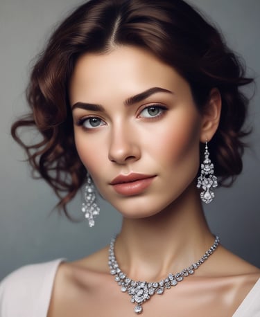 Elegant Indian woman wearing a matching set of bangles and rings, natural skin tones glowing under soft studio lighting.