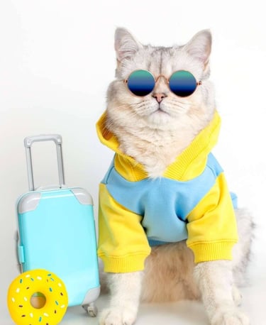 Gato con lentes de sol, sudadera amarilla y azul con gorra a un lado de maleta de vaije