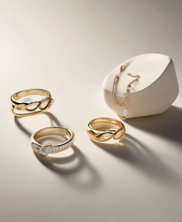 Close-up of delicate gold necklaces resting on soft pastel fabric.