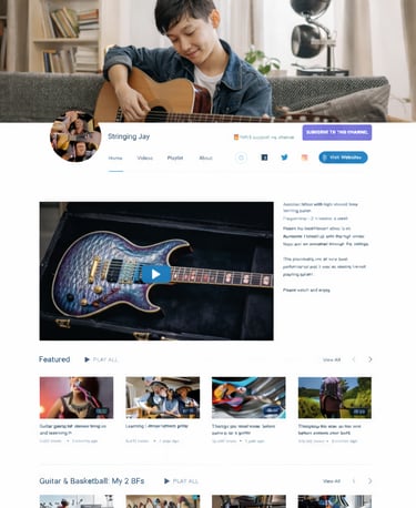 A male guitarist on his YouTube channel homepage, featuring guitar tutorials and music video playlists.