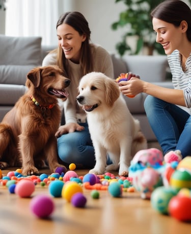 A variety of premium pet accessories displayed on a wooden shelf.